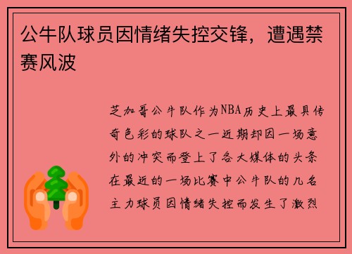 公牛队球员因情绪失控交锋，遭遇禁赛风波
